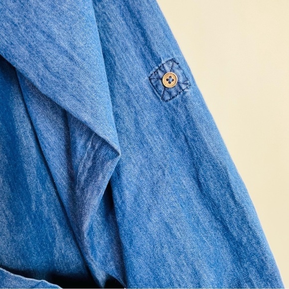 CHAMBRAY DENIM LONG JACKET PATCH POCKETS ROLL TAB SLEEVES SIZE LARGE EUC - Picture 5 of 8